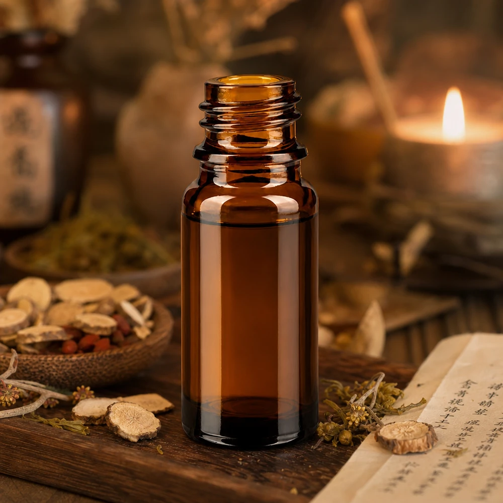 10ml bruin apothekersflesje ApoGlas met Aziatische geneeskrachtige kruiden en kaarslicht in een traditionele TCM-sfeer