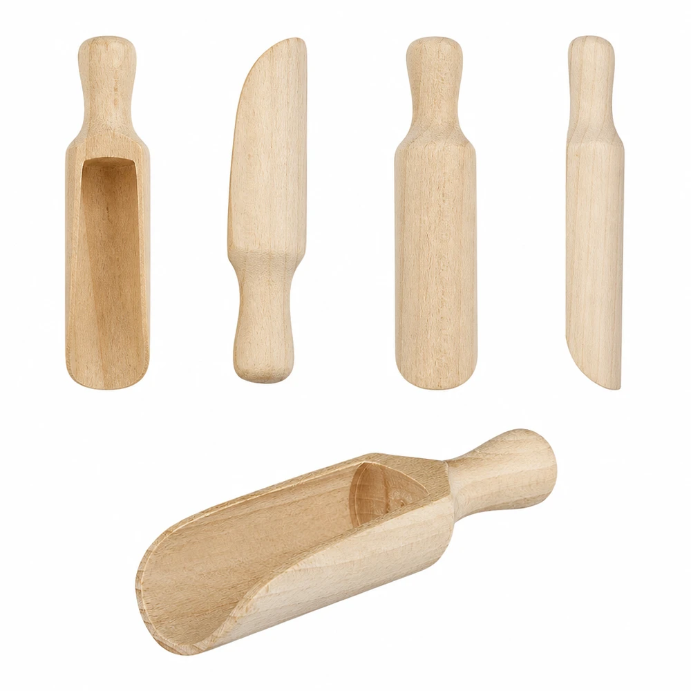 Houten schep set verschillende maten en vormen gemaakt van natuurlijk hout met halfronde 14cm schep in vergelijking