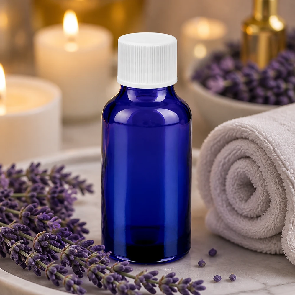 Handig 20ml BlueLine flesje met witte SV dop voor massage en ontspanning