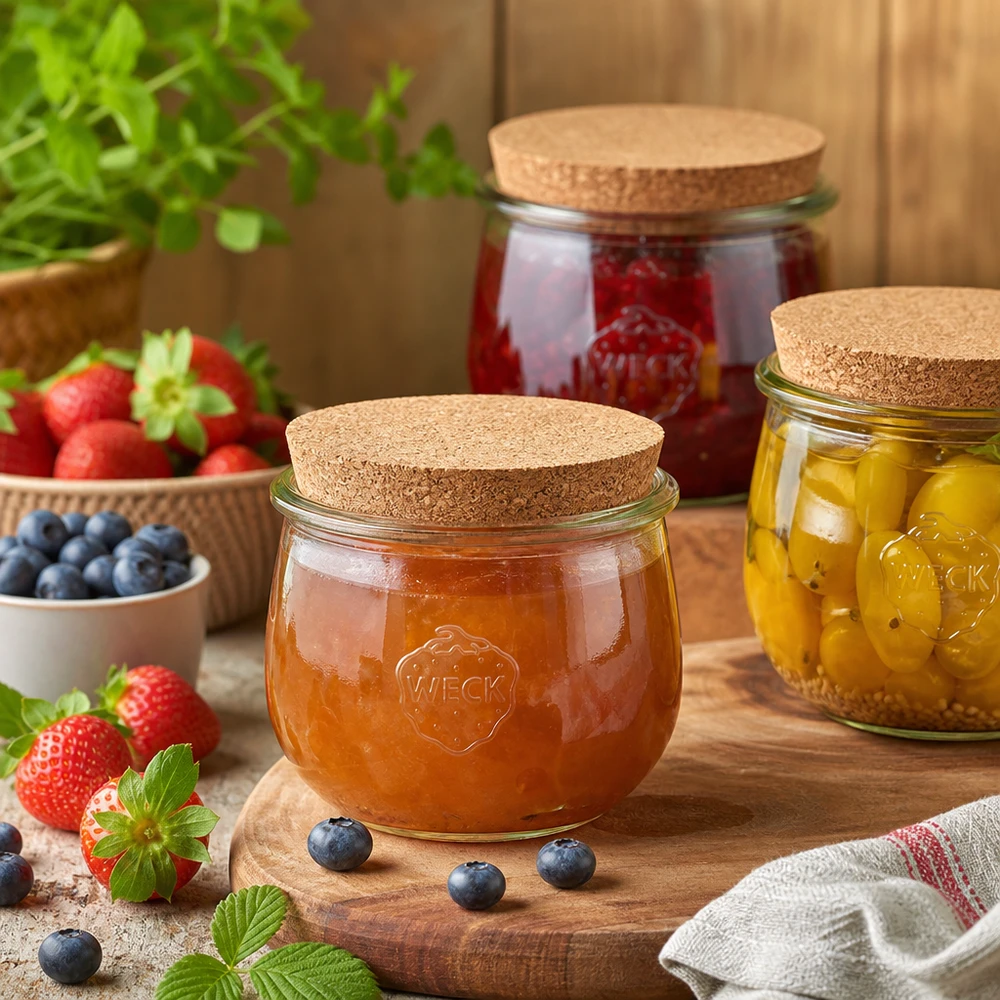 580ml tulpenglas WECK RR100 met kurk WECK tulpenpotten met kurken deksels gevuld met jam en ingemaakte groenten naast verse bessen