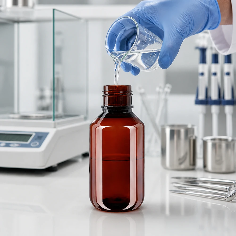 50 ml PET medicijnfles met verstuiver zwart GCMI 28/410 incl. dop transparant, standaard Kompakte braune PET Flasche 100ml mit OV Verschluss neben Präzisionswaage und Edelstahlbehältern im Labor