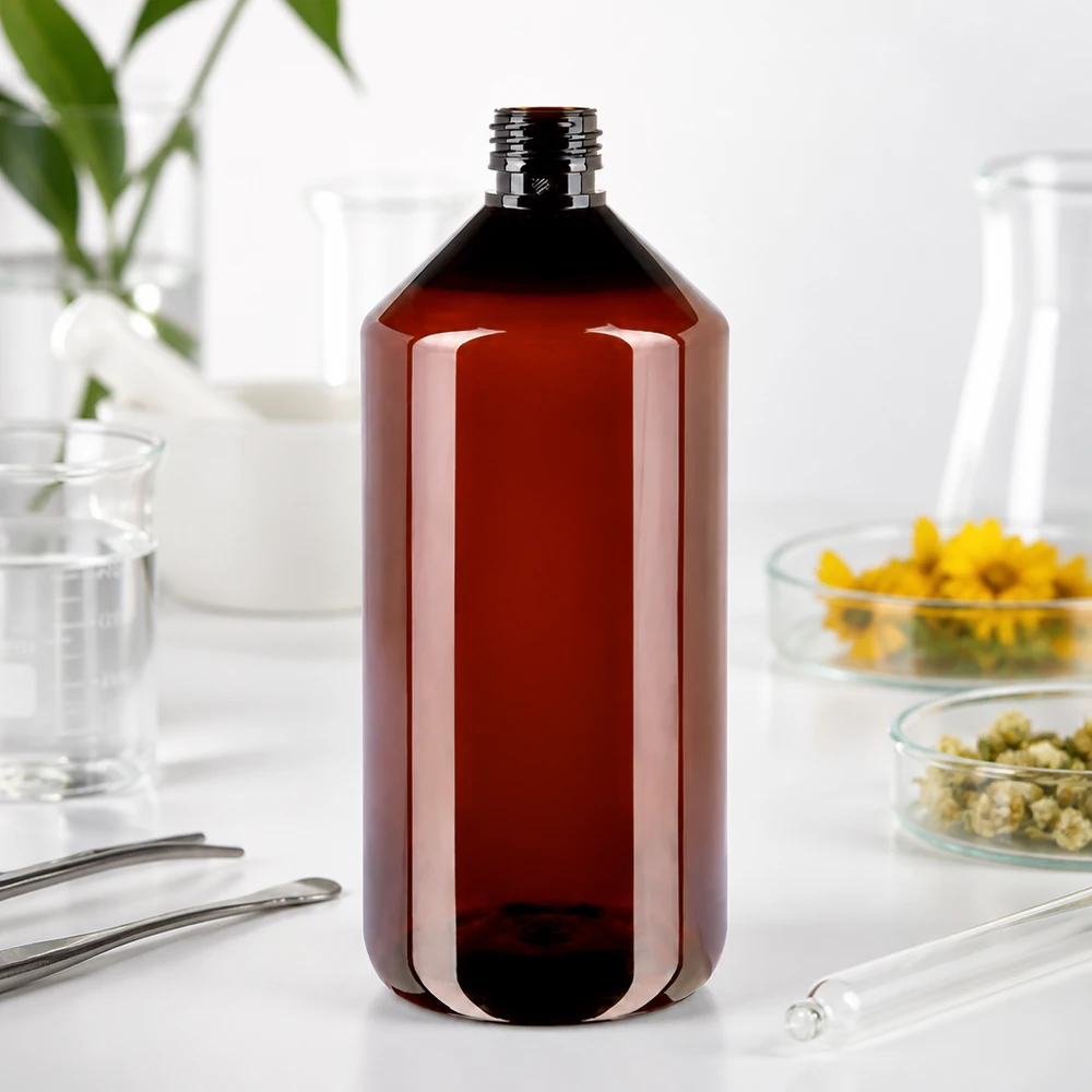PET fles 1000ml PP28 zonder dop PET-voorraadfles 1 liter, bruin, slank silhouet, PP28-schroefdop voor oliën en tincturen