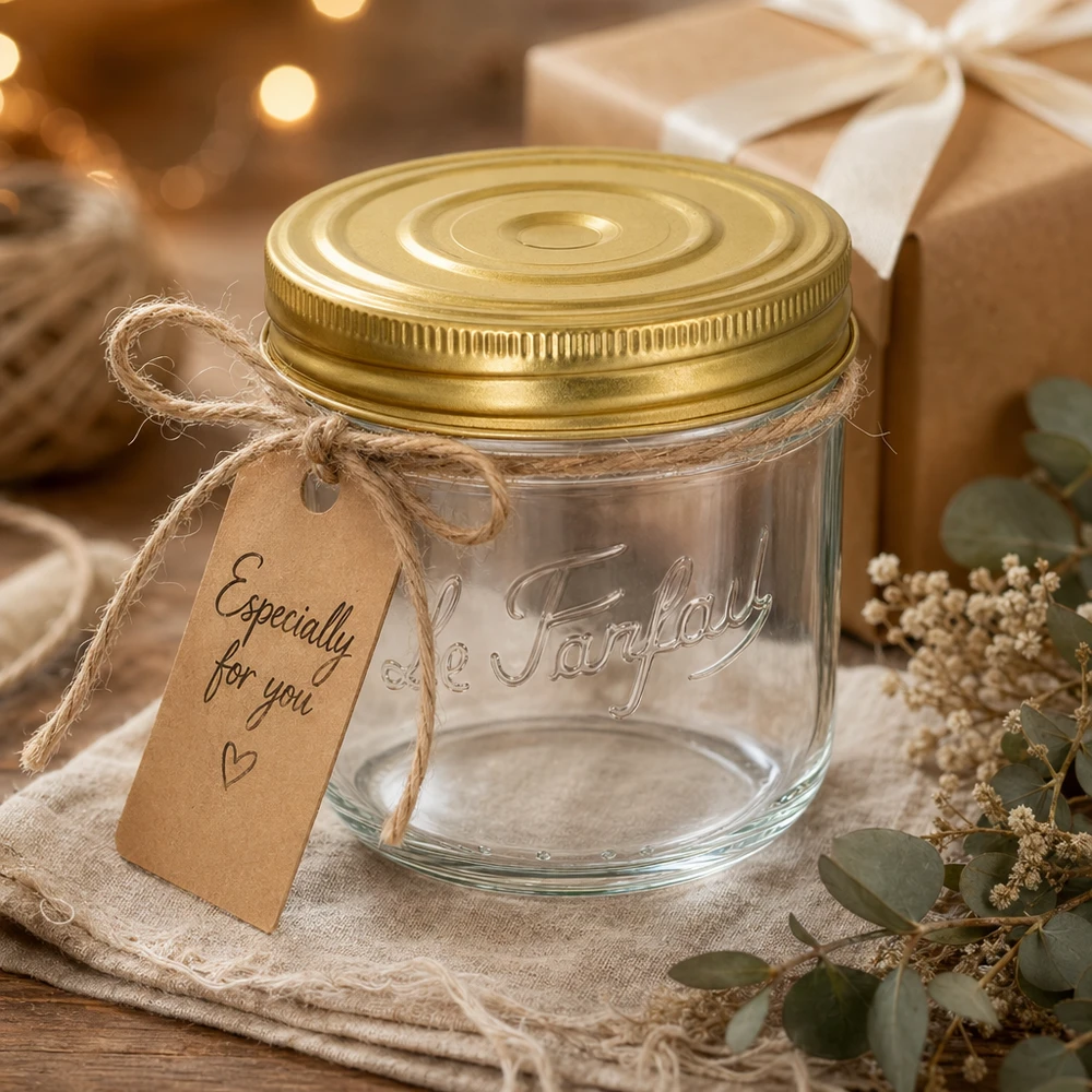 415 ml bekers van Familia Wiss met gouden deksel en cadeaulabel, gedecoreerd op een rustieke houten tafel