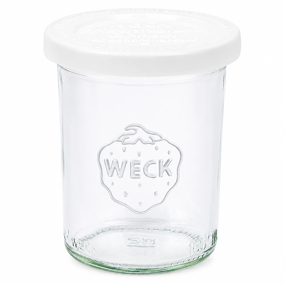 WECK RR60-pot van 160 ml met vershouddeksel WECK 160ml metselpot met wit deksel RR60 - Heldere glazen pot met WECK logo