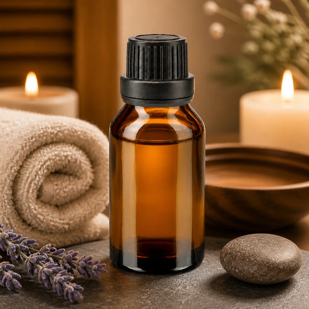 Amberkleurig flesje van 15 ml met een druppelopening van 2 mm voor een nauwkeurige dosering van natuurlijke oliën