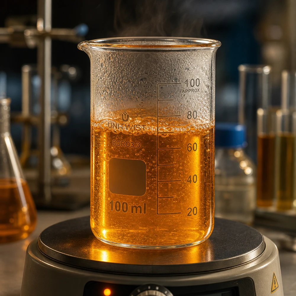 Hittebestendig UNITWIST-bekerglas van 100 ml, hoog model, met kokende oranje oplossing op een magneetroerder
