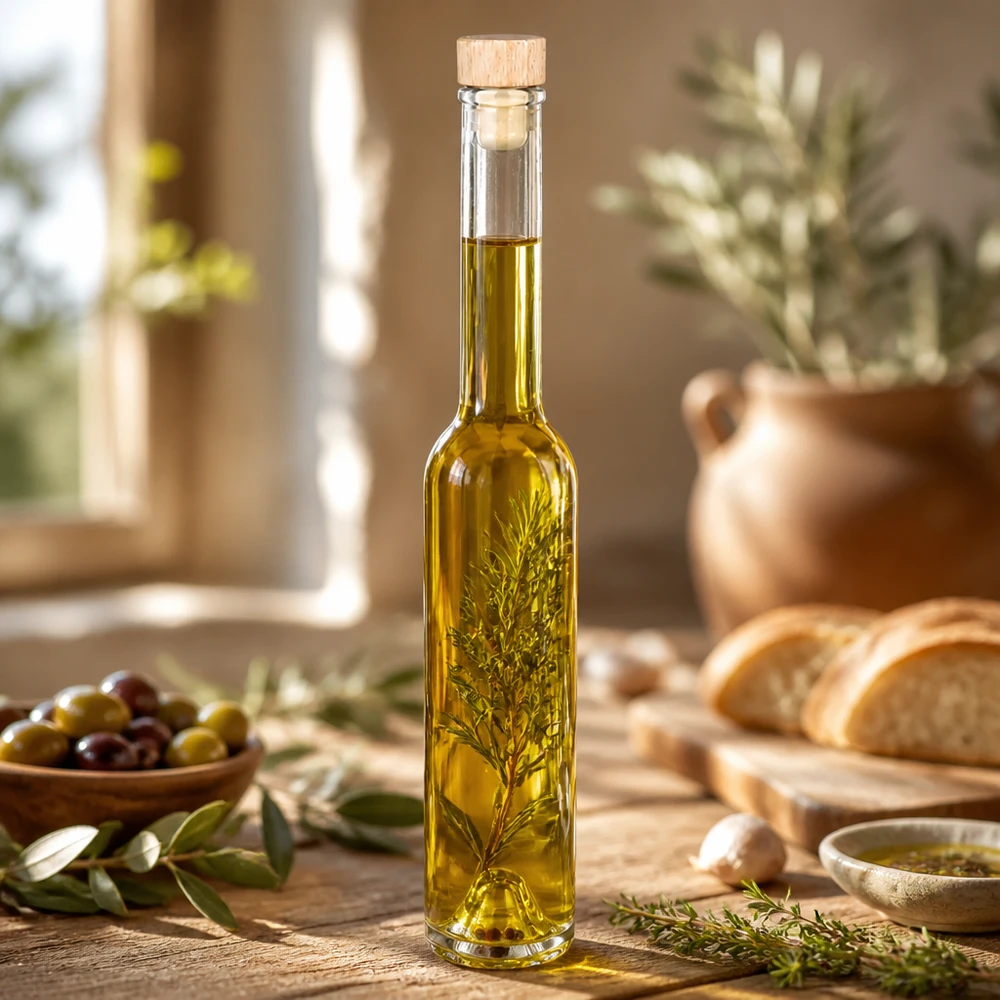 200 ml glazen fles Hugo met kruidenolie en rozemarijntakje in mediterrane keuken met olijven en brood