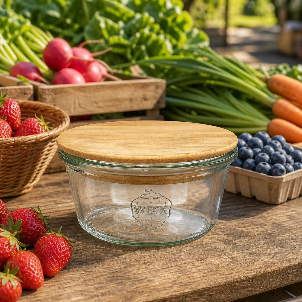 290ml stortglas laag WECK RR80 met hout deksel WECK bekers 290ml RR100 met bamboe houten deksel gerangschikt tussen vers fruit en groenten op een rustieke houten tafel