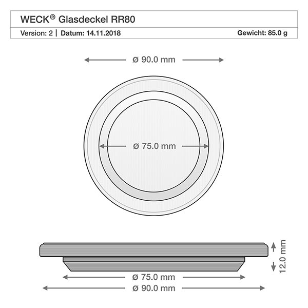 370 ml delicatessenpot, compleet WECK RR80 WECK glazen deksel RR80 technische tekening met afmetingen 90mm buitendiameter 75mm binnendiameter voor 1040ml cilinderpot