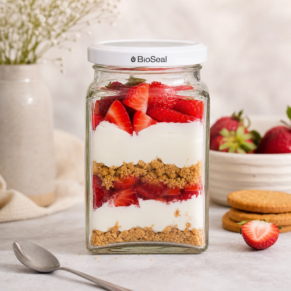 260ml tetraglas met BioSeal deksel wit UNiTWIST UNiTWIST Tetra260 Dessertglas mit Erdbeeren Joghurt Kekskrümeln geschichtet weißer TO58 BioSeal Deckel Nachtisch