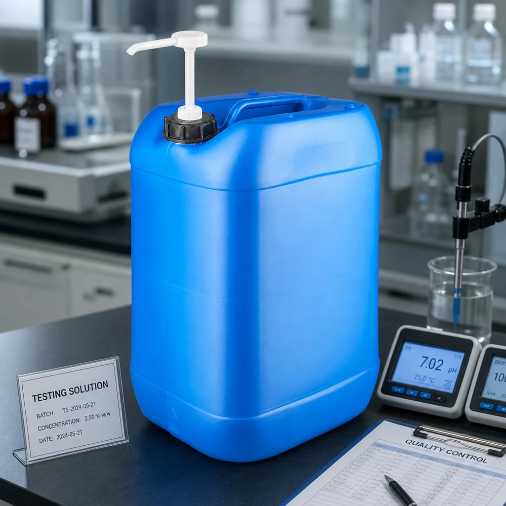 Blauwe jerrycan van 25 liter met doseerpomp voor testoplossingen met een concentratie van 2,50 procent in het laboratorium
