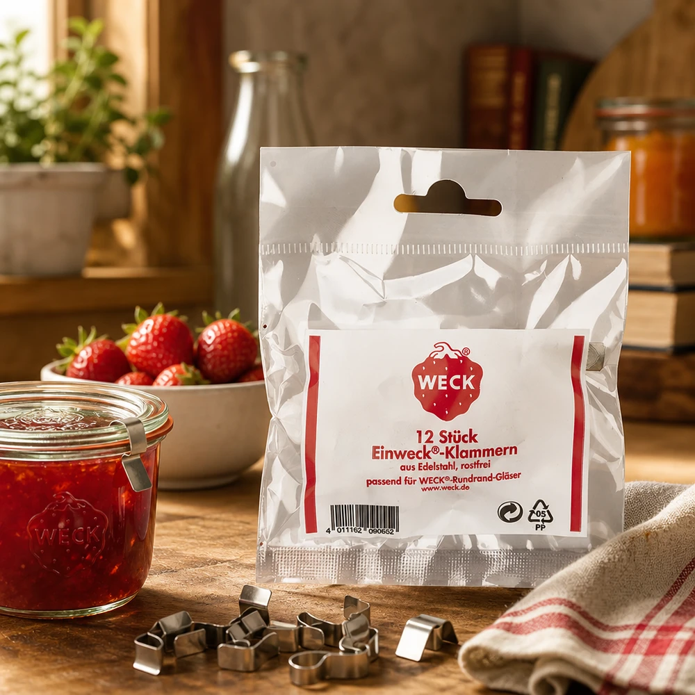 WECK Originele clipset 12 stuks op houten tafel met inmaakpot aardbeien jam keuken lifestyle tafereel