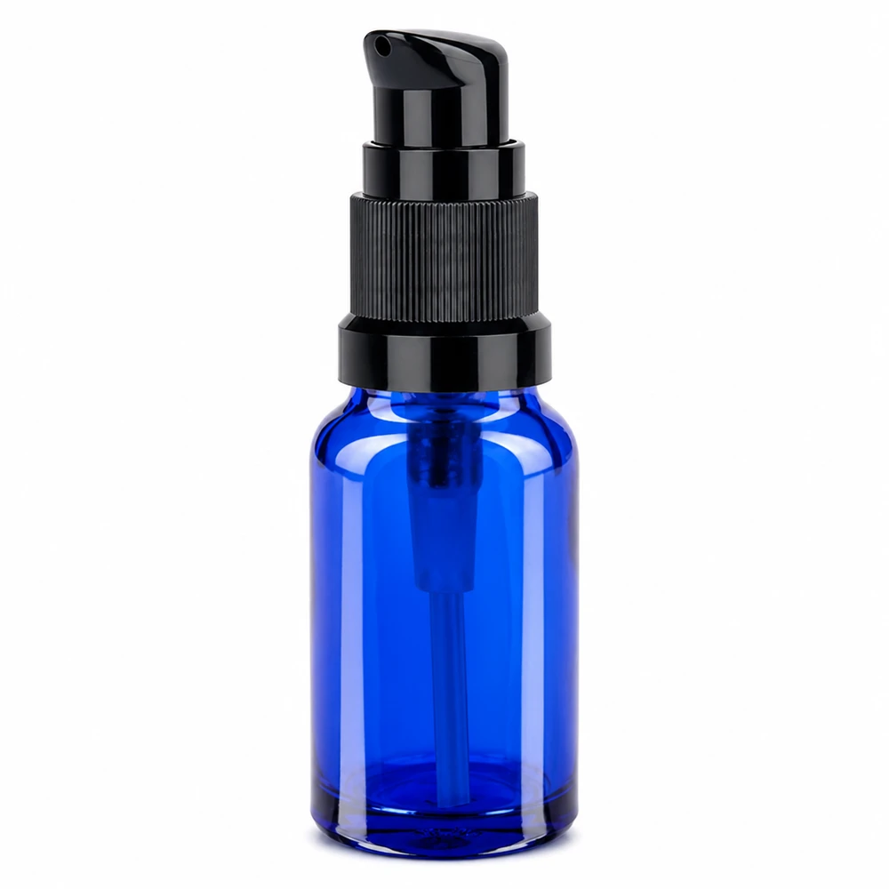 10ml pompflacon BlueLine UT18/10 in blauw met zwarte dispenser, ideaal voor op reis