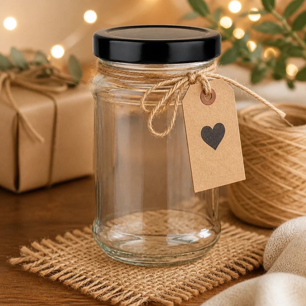390 ml ronde pot met zwart UNiTWIST deksel als cadeau-idee met hartvormige hanger in een gezellige kerstdecoratie