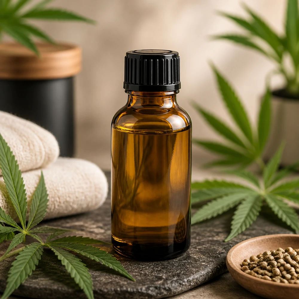 Bruine glazen fles 20ml met zwart druppelsluiting 1mm St Compacte bruine glazen fles van 20 ml van ApoGlas met zwarte dop op een achtergrond van natuursteen