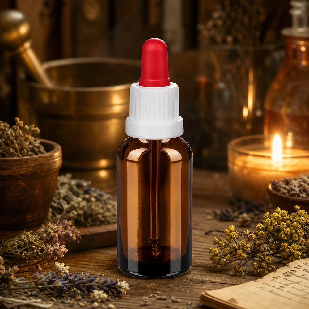 Medicijnflesje 20ml met kindveilige witte dop en rode doseerpipet van natuurrubber