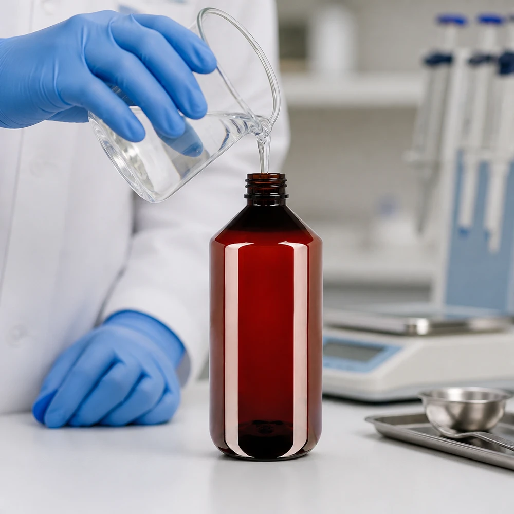 PET fles 1000ml met witte verzegelde stop, geribbeld Chemiebestendige ronde PET-fles van 1 liter, amberkleurig, met witte schroefdop die de authenticiteit garandeert