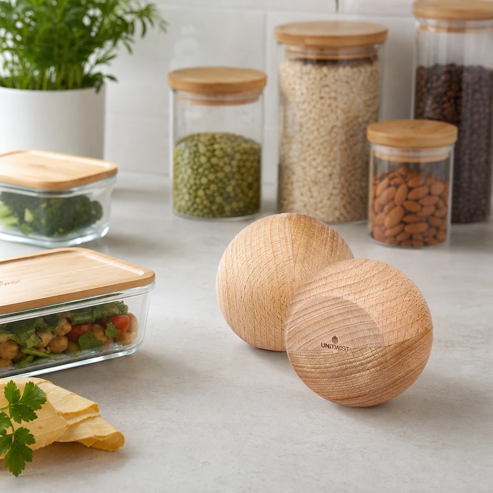 UNiTWIST Houten bal WECK RR80 UNiTWIST Holzkugeln aus Buche im Küchenambiente - nachhaltige Aufbewahrung mit WECK Gläsern und Vorratsdosen
