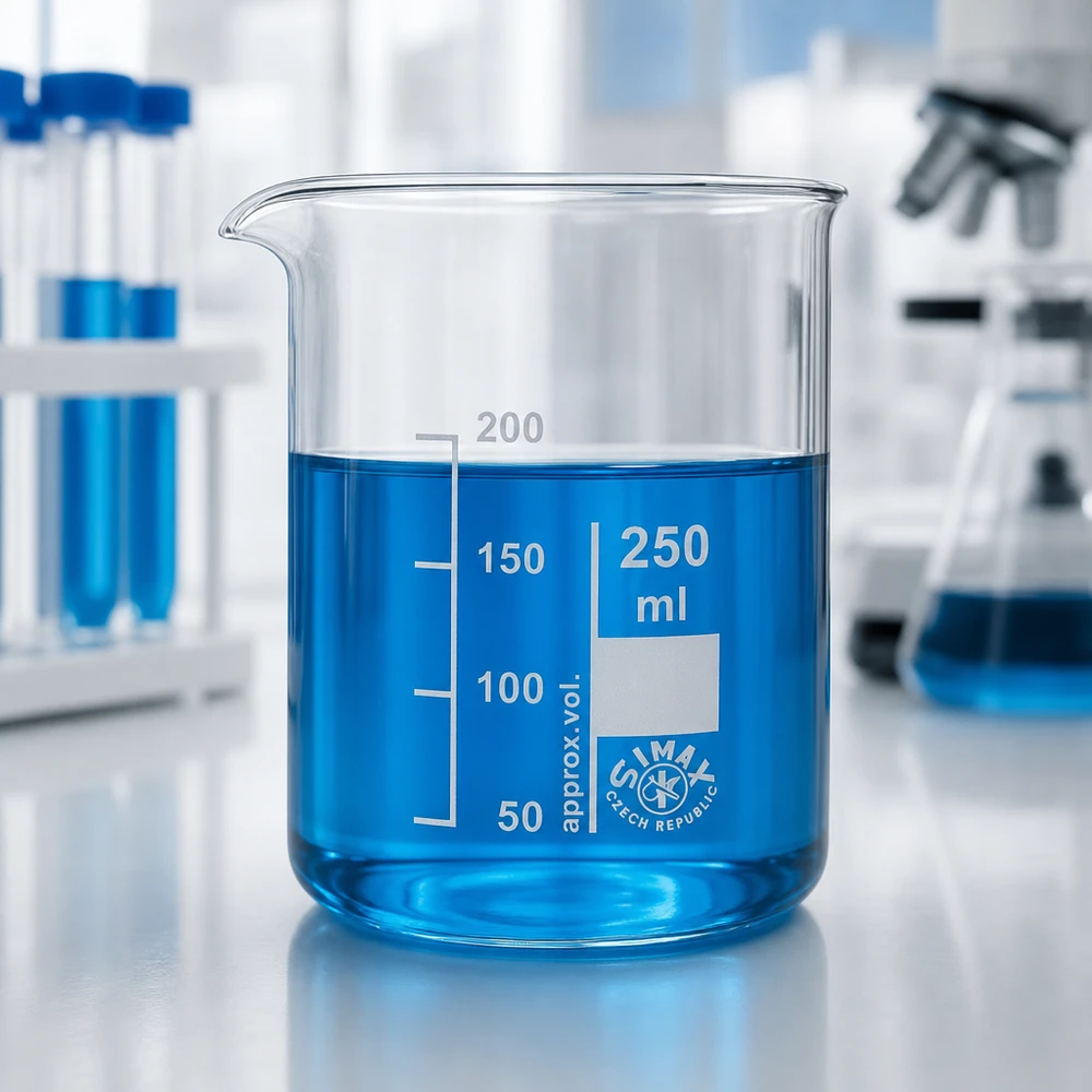 Borosilicaat glazen beker 250ml met blauwe vloeistof en duidelijk zichtbare volumemarkeringen