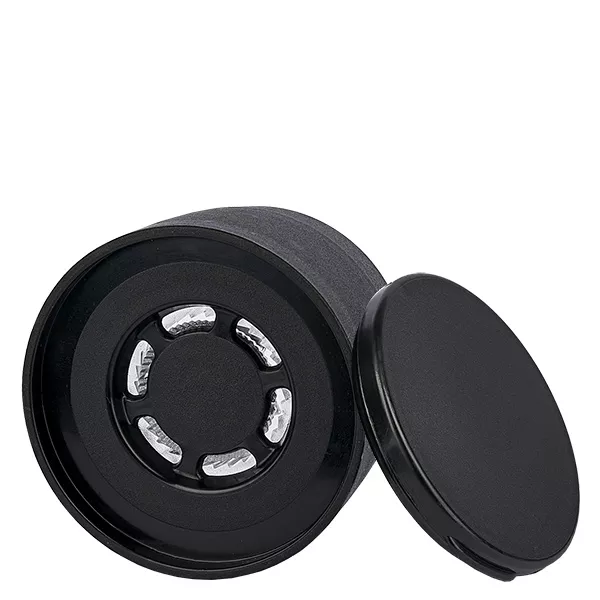 Zout/kruidenpot deksel met Vario molen zwart - Acryl molen grof tot fijn, 6-gaats schudbeker ø8mm. 41mm schroefdraad. Drukdeksel.
