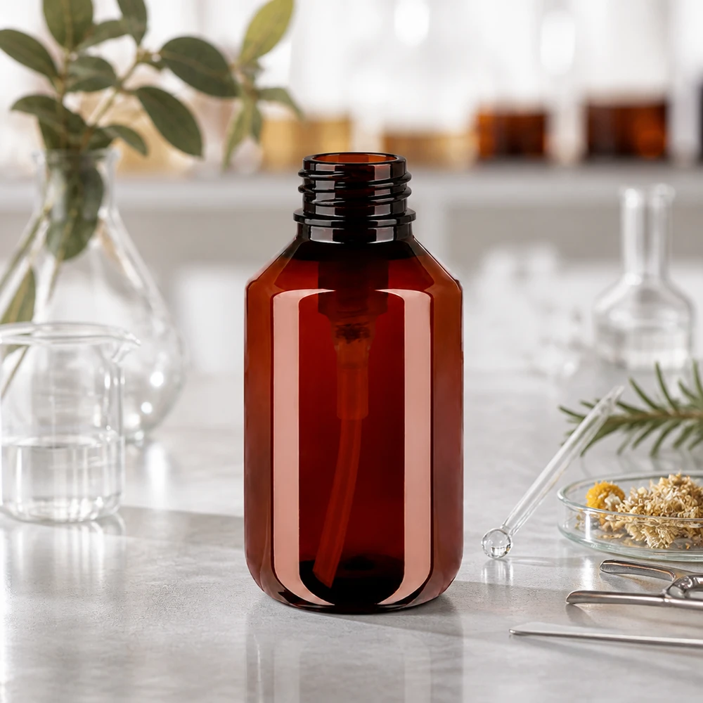100 ml PET medicijnfles met wit dispenserpomp, standaard UV-schützende PET Flasche 100ml bernsteinfarben mit Gewindeöffnung für weisse Dispenserpumpe