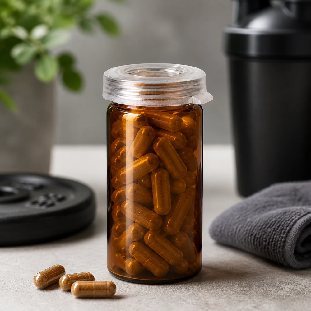 5ml tablettenglas helder glas incl. klikdeksel (rolrand glas) Compacte bruine glazen pot van 5 ml met een doorzichtig kunststof deksel voor supplementcapsules in de sportschool