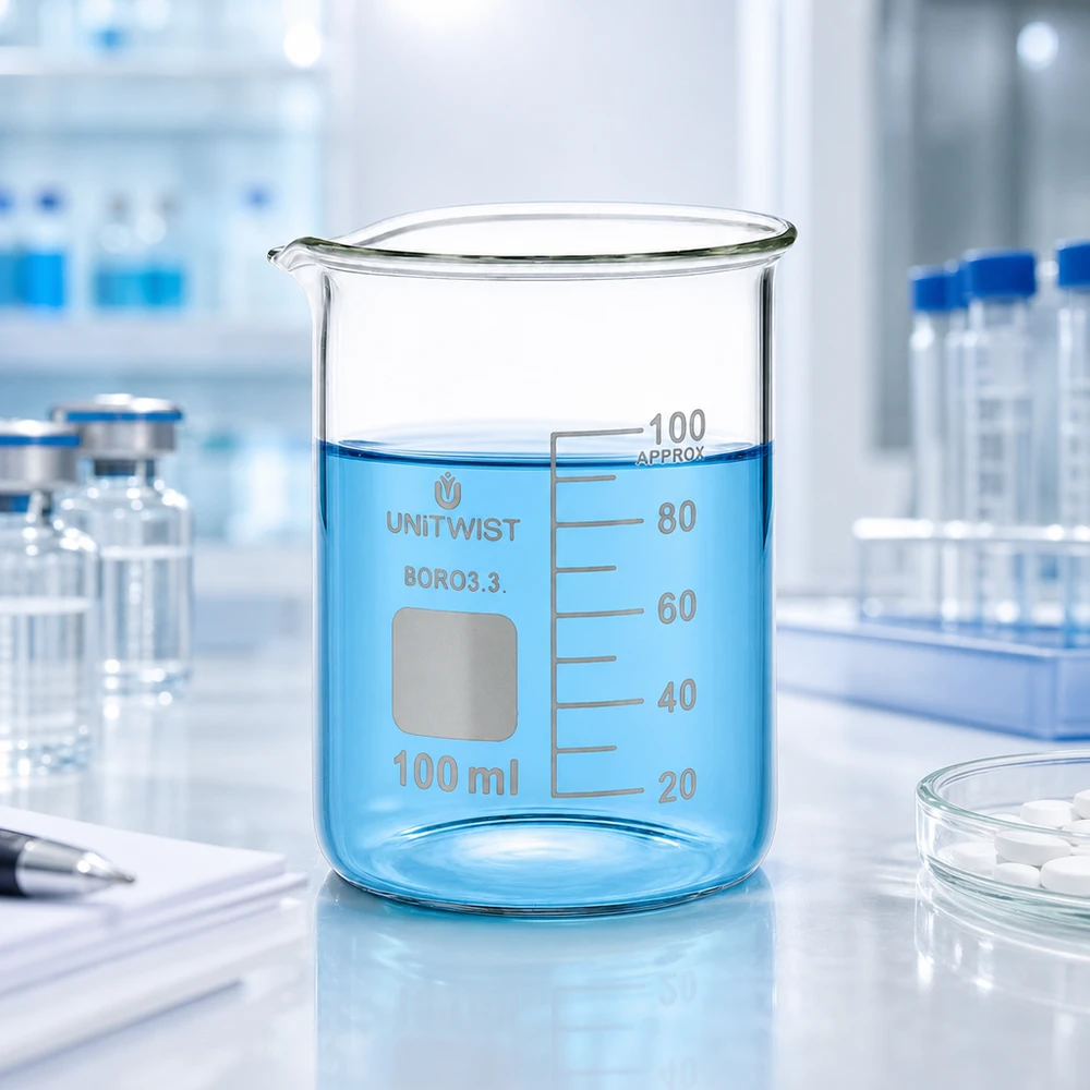 Beker 100ml borosilicaat, lage vorm UNiTWIST Laag becherglas van 100 ml met een cilindrische romp en een tuit, vervaardigd uit borosilicaatglas