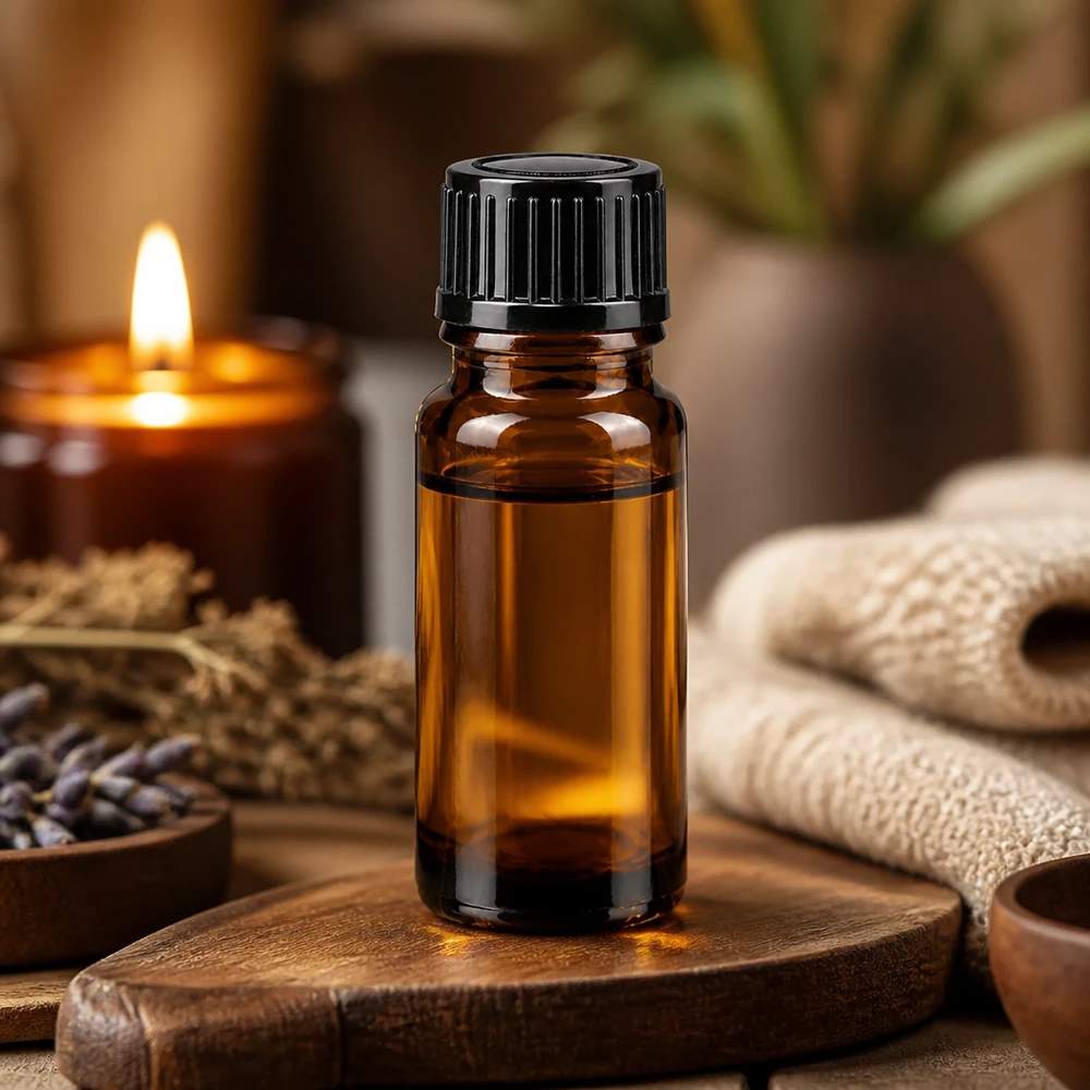 Bruine glazen fles 10ml met zwart druppelsluiting 1mm St Donkere glazen fles van 10 ml met een geribbelde schroefdop (zwart) naast een kaars en kruiden