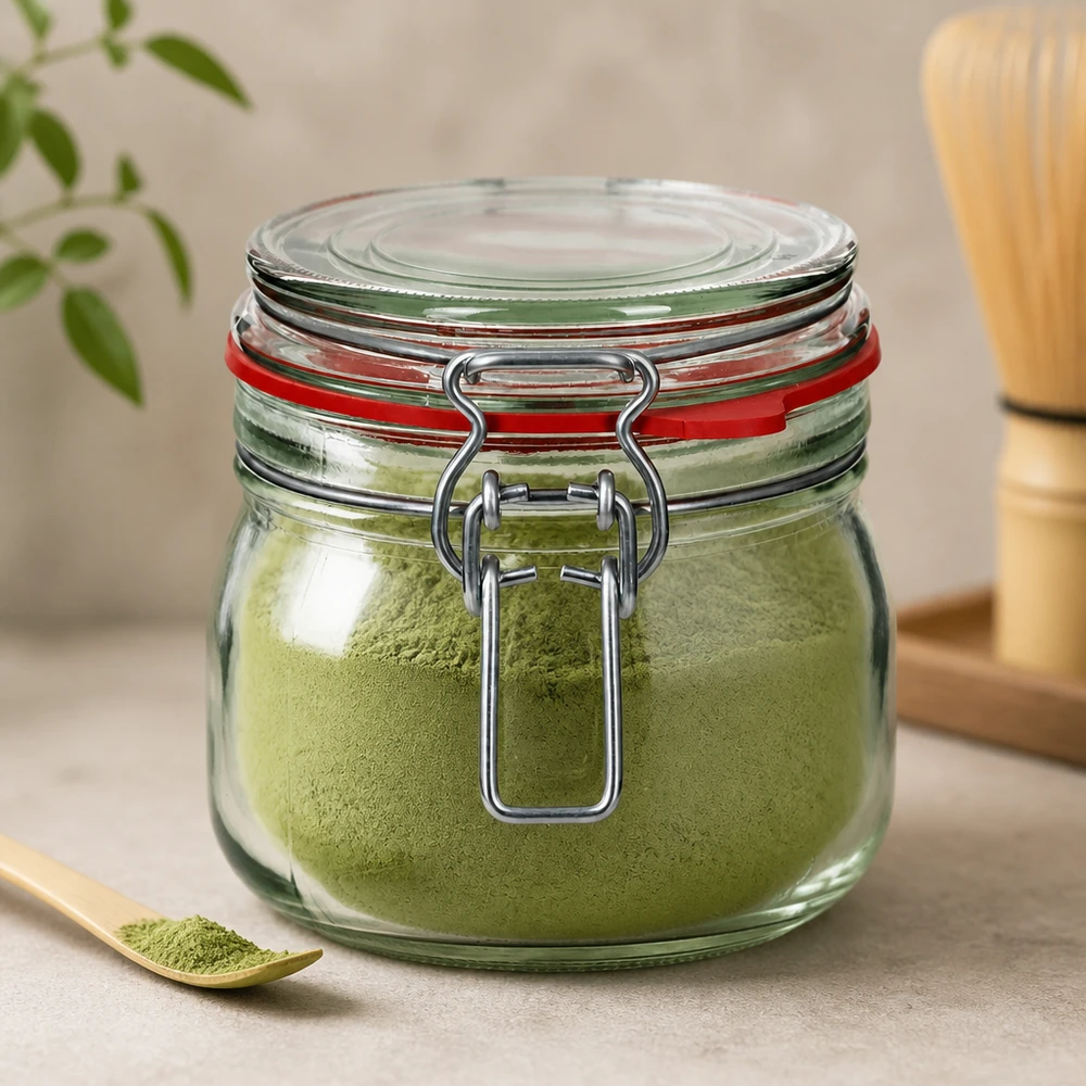 634 ml pot met zwenktop, gevuld met groen matchapoeder voor optimale versheid