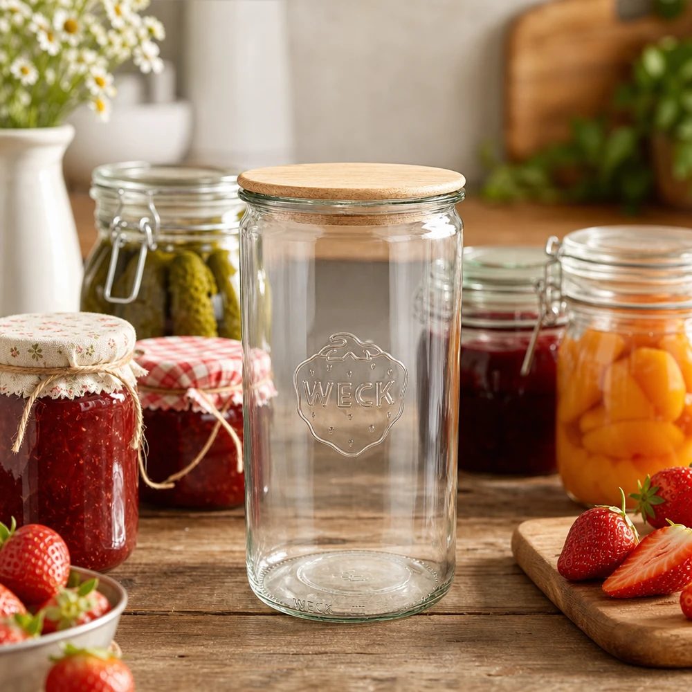 WECK inmaakpot 1590ml RR100 in keukentafereel met marmelade jam en verse aardbeien op houten tafel