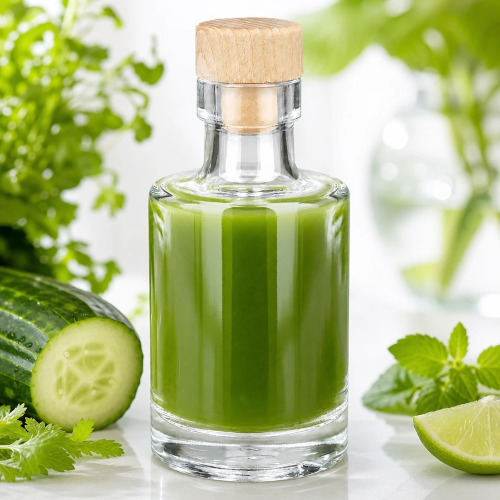 100ml glazen fles Marie met houten kurk gevuld met groene smoothie naast komkommer limoen en kruiden verse setup