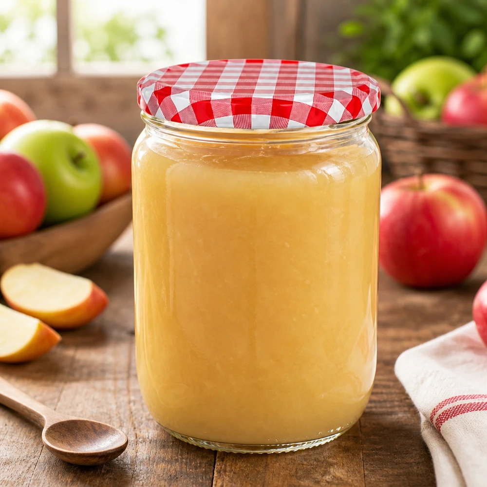 Voorraadpot van 555 ml met gele vruchtenjam en een rood-wit geruite draaidop