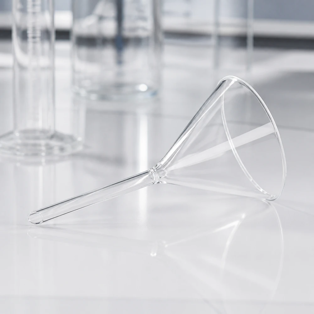 Precisielaboratoriumtrechter 85 mm gemaakt van robuust borosilicaatglas met compact kort handvatontwerp