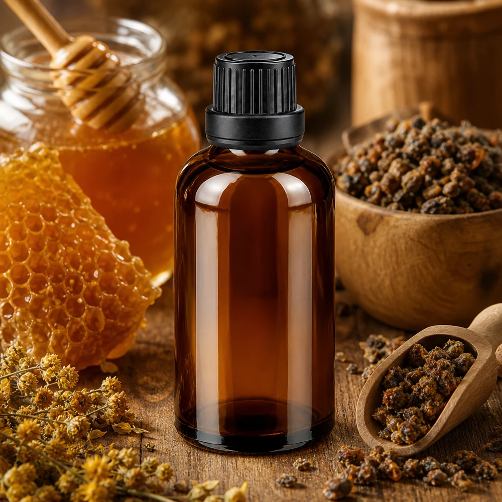 Lichtbestendige fles van 50 ml van bruin apothekersglas met een zwarte dop van 11 mm voor bijenproducten