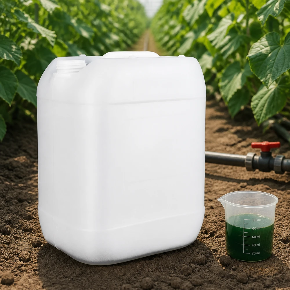 20l jerrycan, UN-toelating, zonder schroefsluiting Witte lege jerrycan van 20 liter zonder dop voor voedingsoplossingen in de professionele groenteteelt