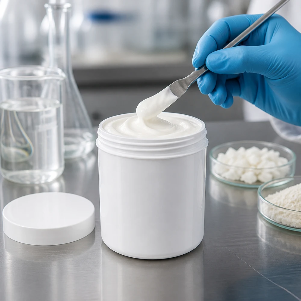 Ronde zalfpot van 500 g, gemaakt van stevig polypropyleen, met een perfect passende witte schroefdop
