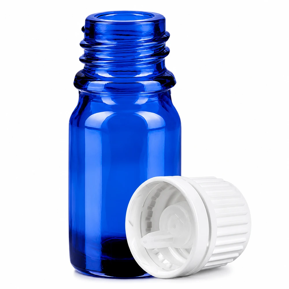 Apothekersflesje 5ml van UV-beschermend blauw glas met nauwkeurige dosering
