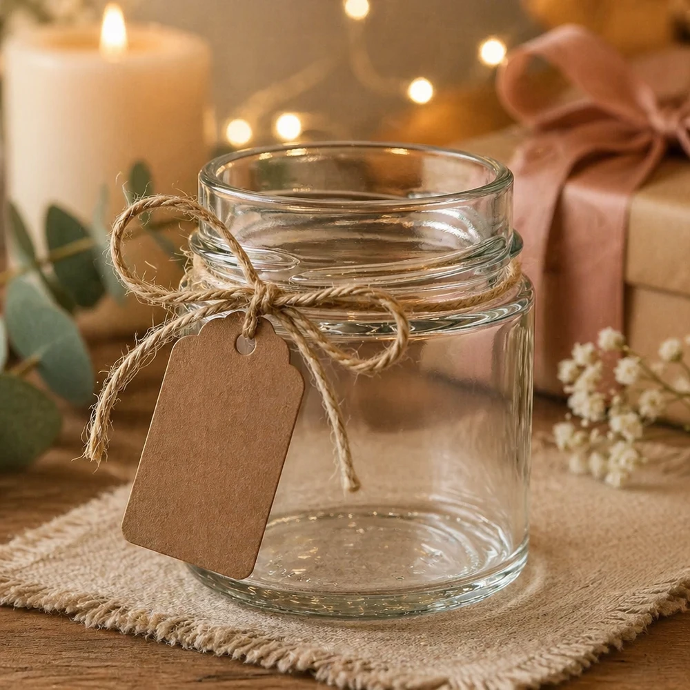 135ml rond glas zonder deksel (TO58deep) UNiTWIST UNiTWIST rond glas 135ml TO58deep leeg met jute koord en kraft papieren label gedecoreerd op een rustieke houten tafel