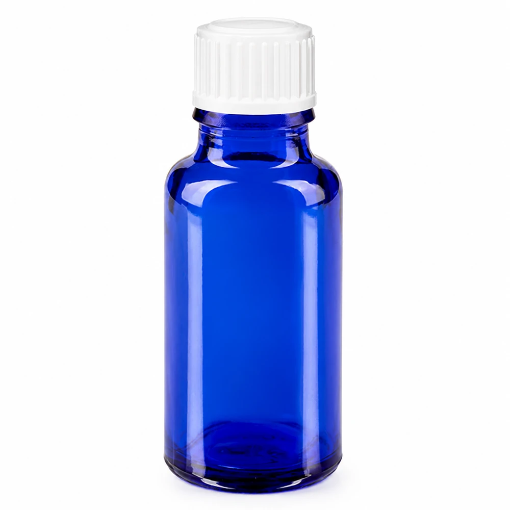 Blauwe druppelfles van 20 ml van apothekersglas met witte schroefdop SV STD