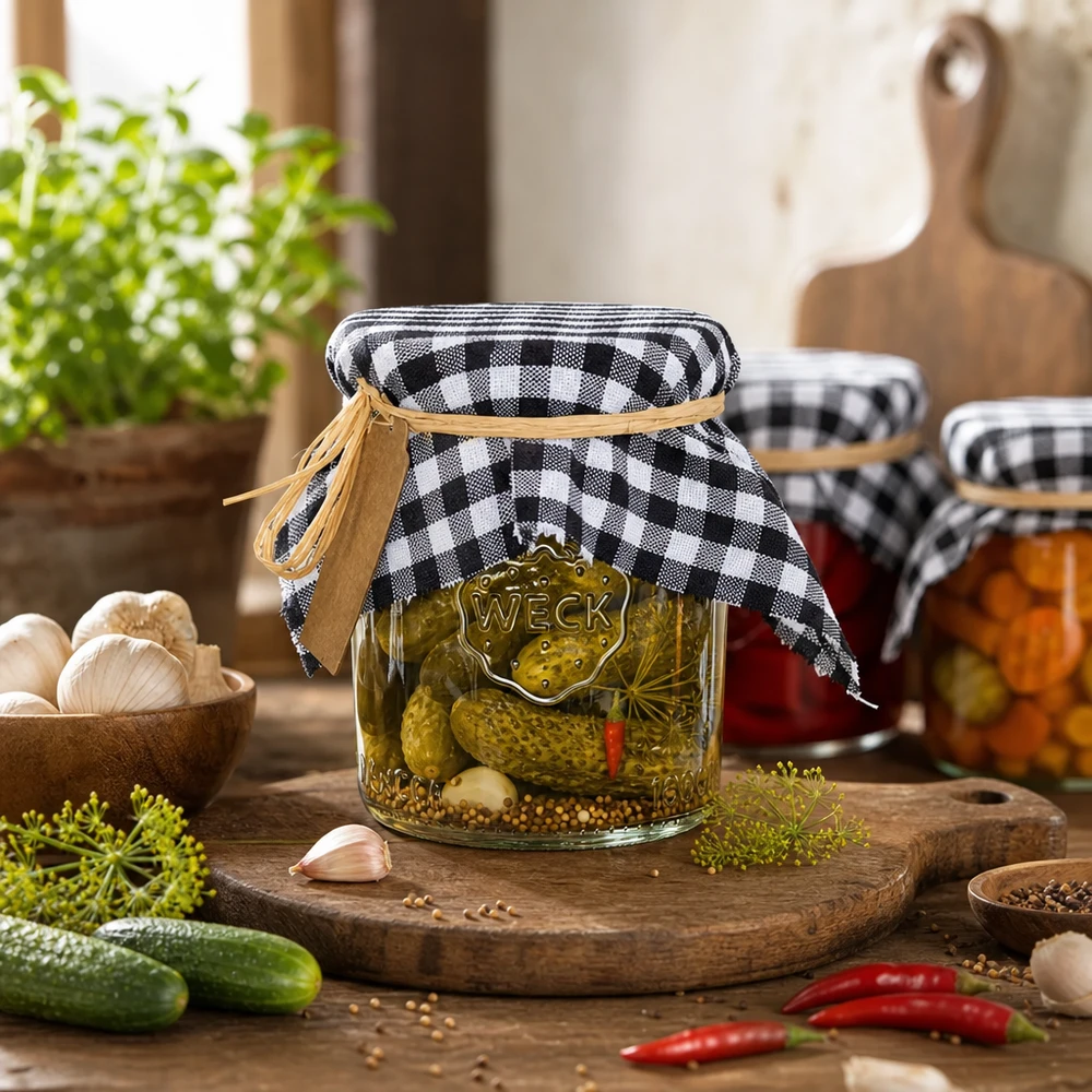 Geruite decoratieve onderleggers op potten met augurken en jam in rustieke keuken decoratie idee 15cm vierkant
