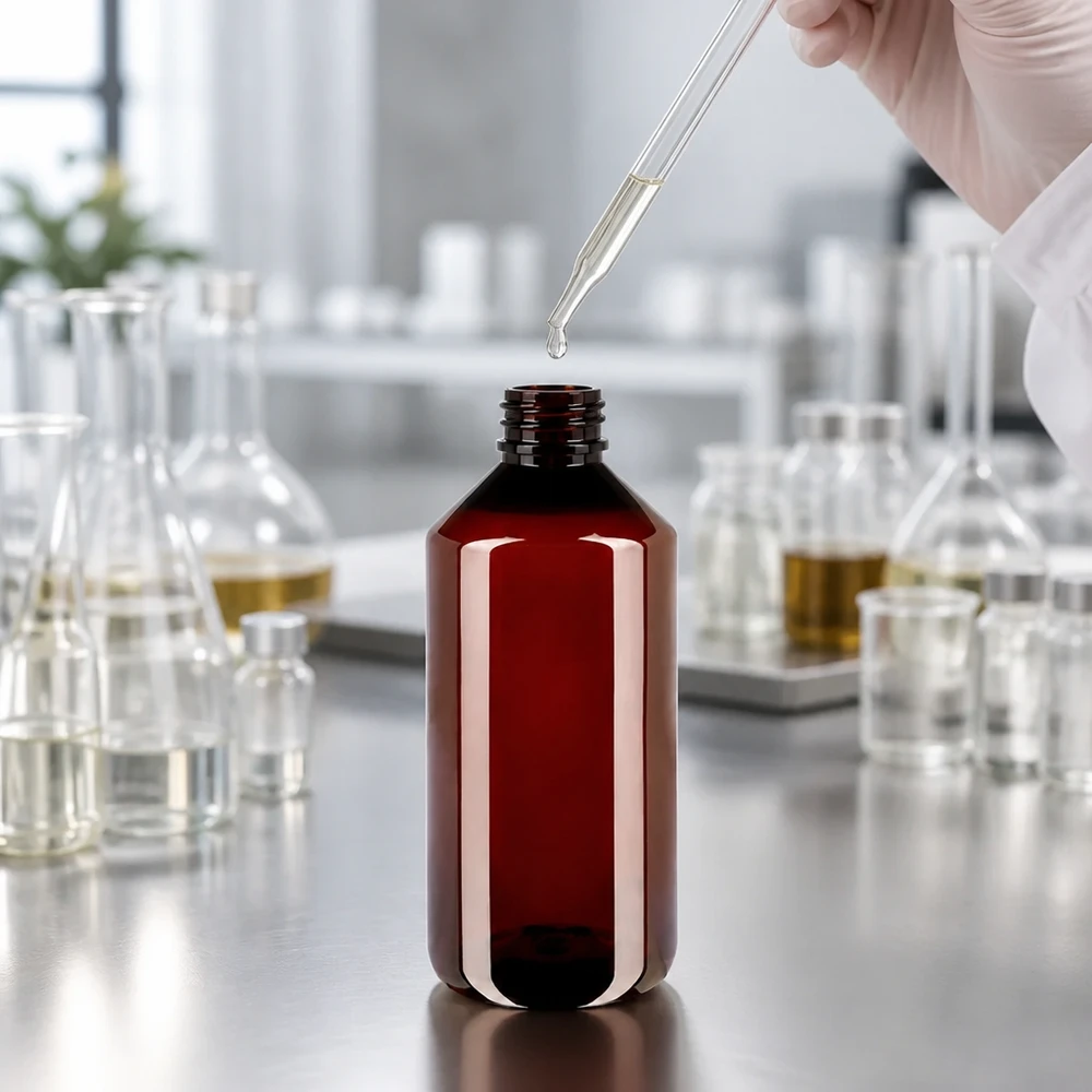 Farmaceutische afvulling in een cilindrische bruine PET-fles van 1000 ml met een witte OV-sluiting