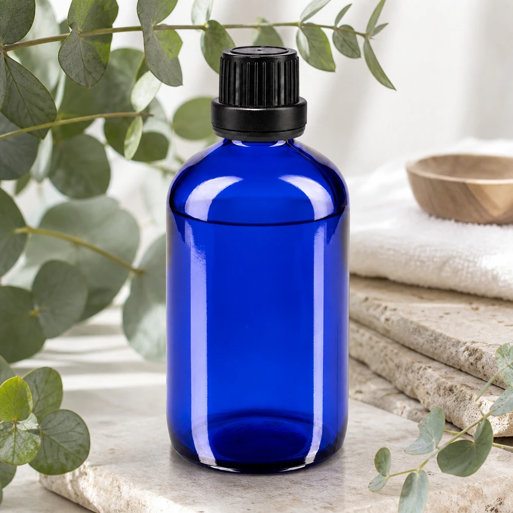 Blauwe druppelfles van 100 ml, apothekersglas voor serum, tincturen en etherische oliën, met OV-dop