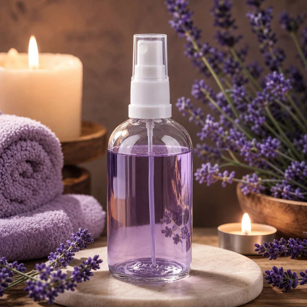 Transparante spuitfles van 100 ml gevuld met lavendelolie, met witte verstuiver – Spa Ambiente ClearLine