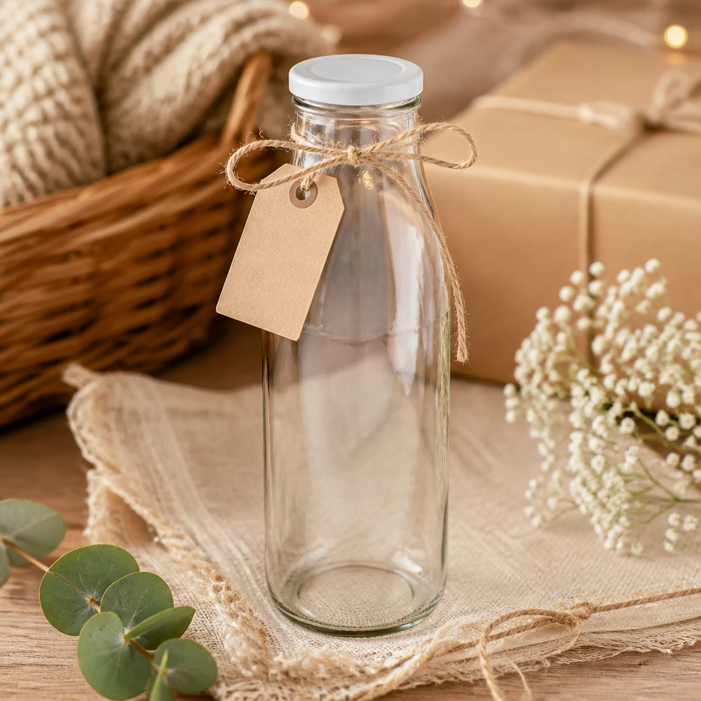 500ml glazen fles met wit deksel decoratief met jute koord en hanger rustiek cadeau ontwerp