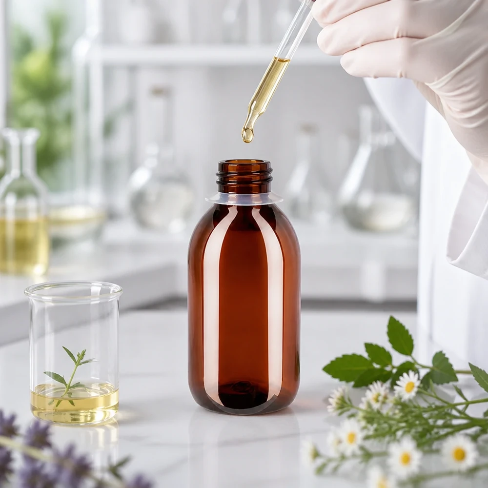 Braune PET Kunststoffflasche 250ml mit Becher für pharmazeutische und kosmetische Anwendungen