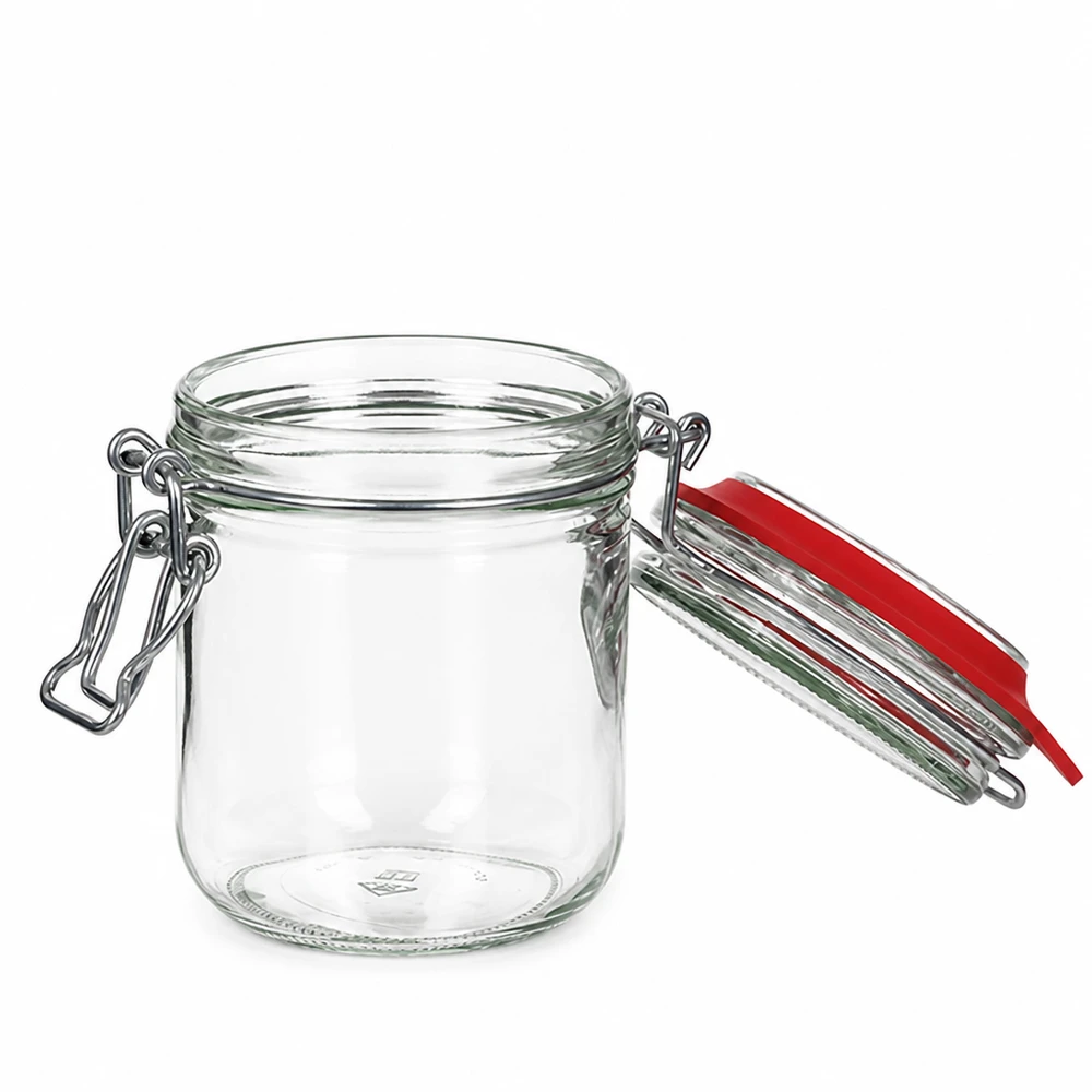Doorzichtige glazen voorraadpot 400ml met rode rubberen afdichting en metalen clipsluiting voor luchtdicht bewaren