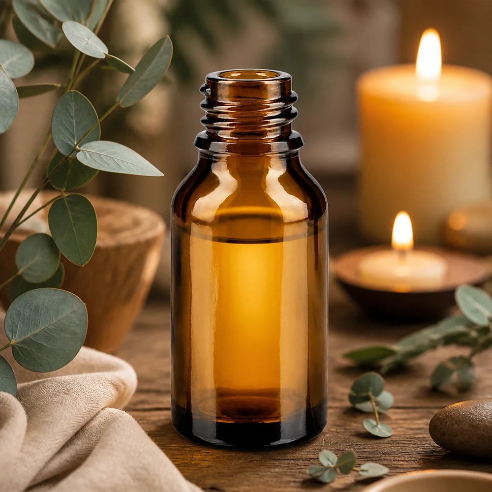 15ml bruine glazen fles ApoGlas leeg op houten tafel met eucalyptus kaarsen en handdoek Aromatherapie sfeer