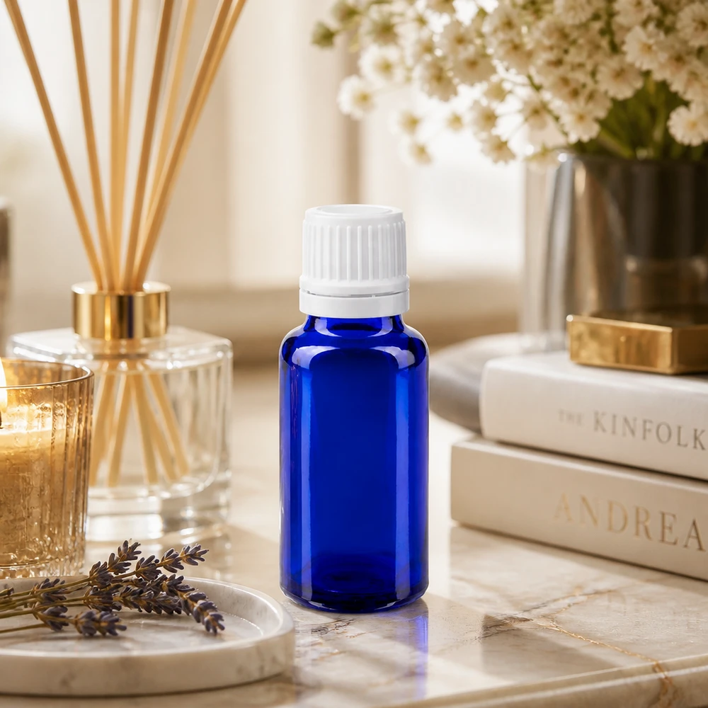 Blauwe glazen flessen 20ml met wit sluiting OV Blauw farmaceutisch flesje van 20 ml met een kindveilige witte dop, naast lavendel en een stapel boeken
