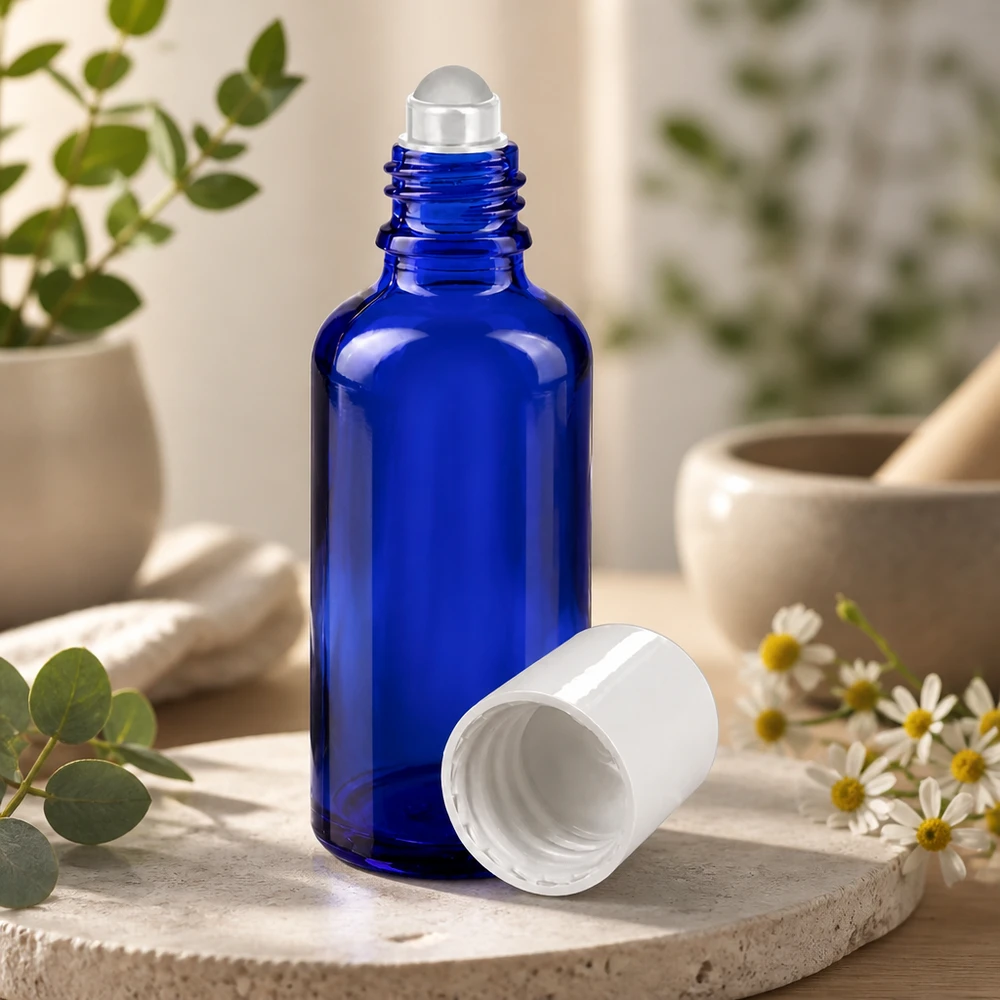 Apothekersflesje blauw 50ml roll-on cap wit Kobaltblauwe roll-on-fles van 50 ml met een witte kunststof dop voor etherische oliën
