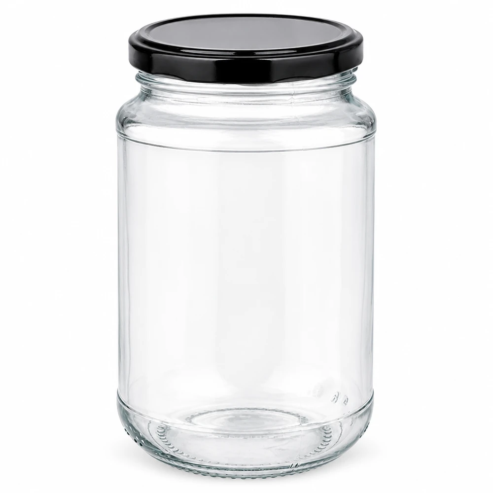Rond glas van 320 ml + BasicSeal zwart UNiTWIST Doorzichtig rond glas van 320 ml met luchtdichte zwarte BasicSeal-draaidop